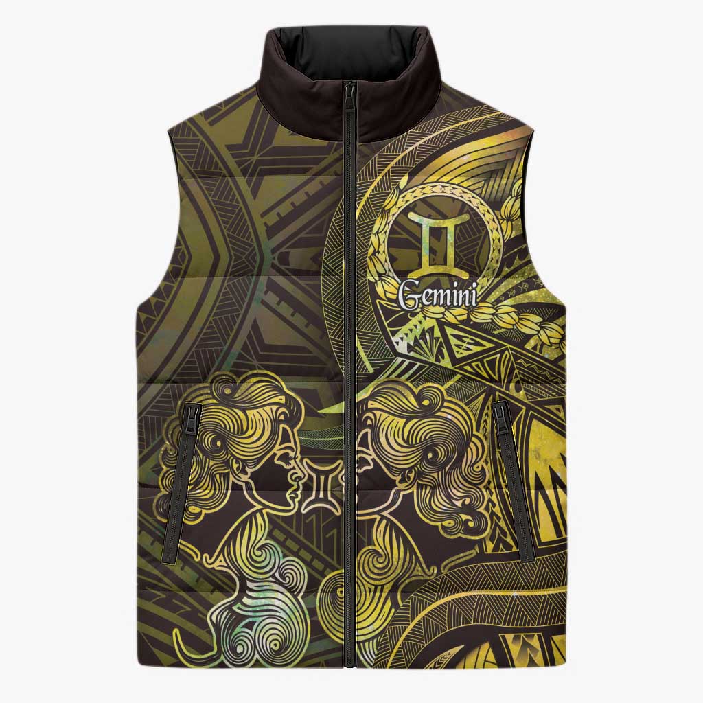 Personalised Polynesia Zodiac Gemini Sleeveless Puffer Jacket Galaxy Polynesian Pattern Chest Tattoo Style LT14 Unisex Yellow - Polynesian Pride