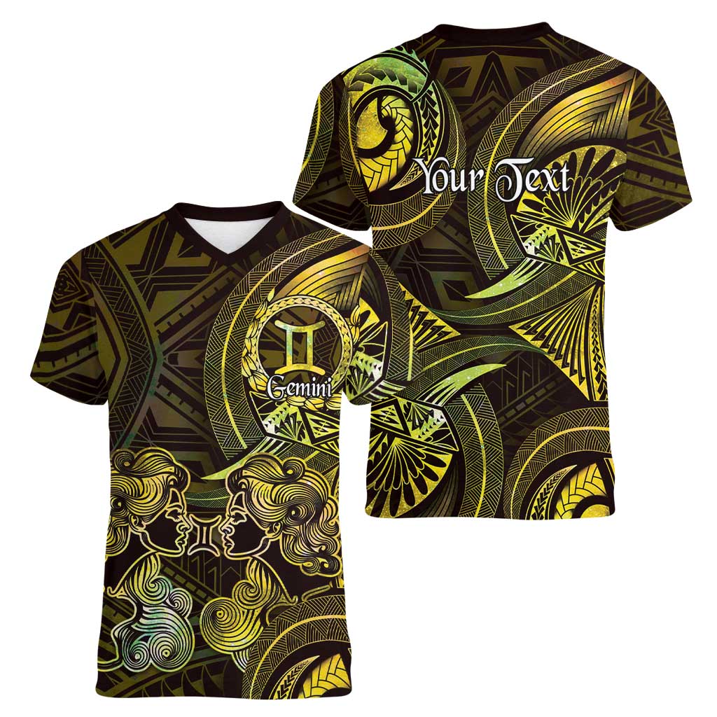 Personalised Polynesia Zodiac Gemini Women V-Neck T-Shirt Galaxy Polynesian Pattern Chest Tattoo Style