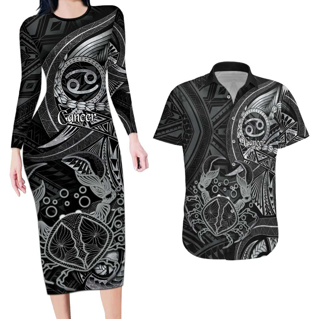 Personalised Polynesia Zodiac Cancer Couples Matching Long Sleeve Bodycon Dress and Hawaiian Shirt Galaxy Polynesian Pattern Chest Tattoo Style