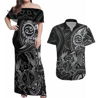 Personalised Polynesia Zodiac Cancer Couples Matching Off Shoulder Maxi Dress and Hawaiian Shirt Galaxy Polynesian Pattern Chest Tattoo Style LT14 Black - Polynesian Pride