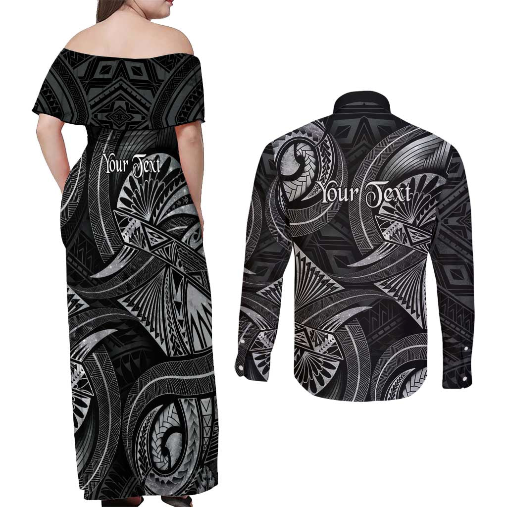 Personalised Polynesia Zodiac Cancer Couples Matching Off Shoulder Maxi Dress and Long Sleeve Button Shirt Galaxy Polynesian Pattern Chest Tattoo Style