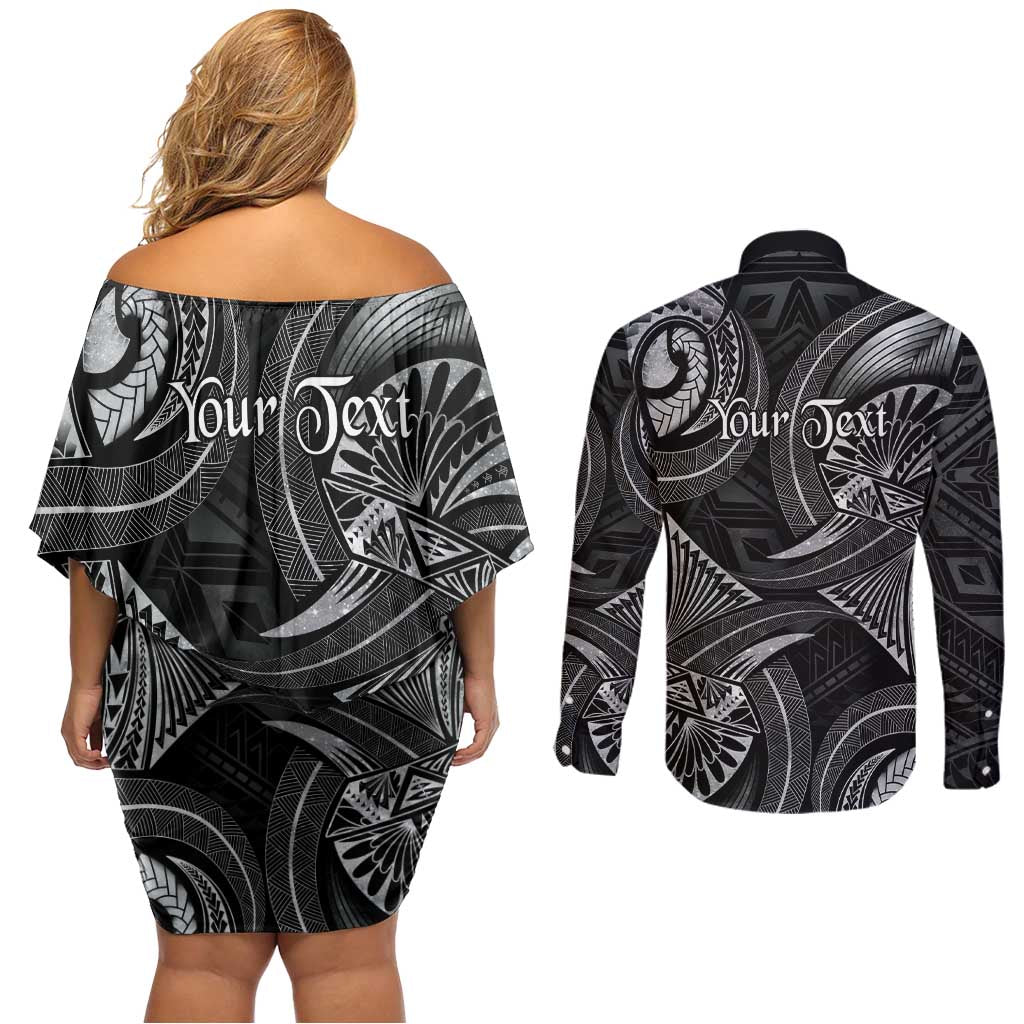 Personalised Polynesia Zodiac Cancer Couples Matching Off Shoulder Short Dress and Long Sleeve Button Shirt Galaxy Polynesian Pattern Chest Tattoo Style