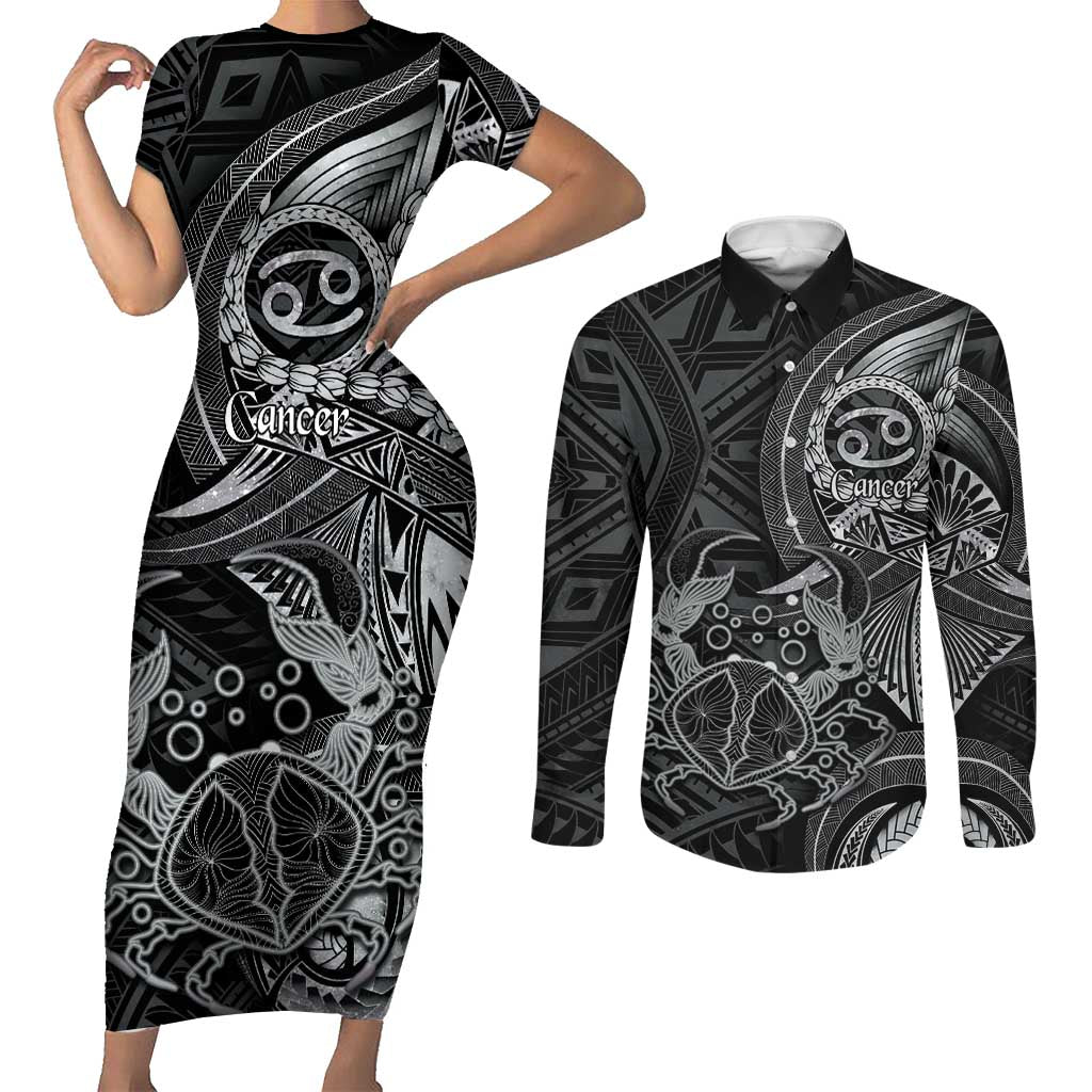 Personalised Polynesia Zodiac Cancer Couples Matching Short Sleeve Bodycon Dress and Long Sleeve Button Shirt Galaxy Polynesian Pattern Chest Tattoo Style LT14 Black - Polynesian Pride