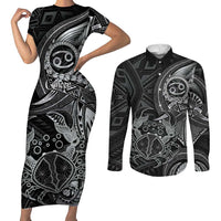 Personalised Polynesia Zodiac Cancer Couples Matching Short Sleeve Bodycon Dress and Long Sleeve Button Shirt Galaxy Polynesian Pattern Chest Tattoo Style LT14 Black - Polynesian Pride