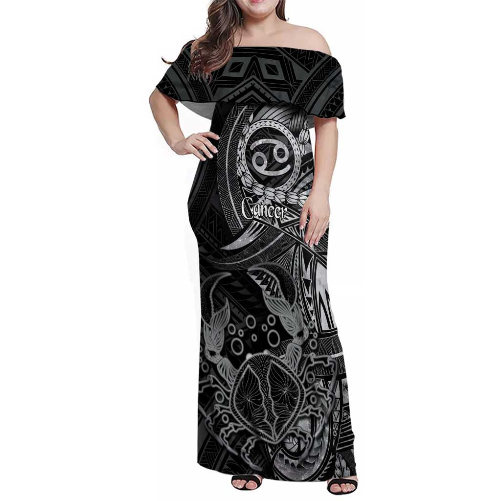 Personalised Polynesia Zodiac Cancer Family Matching Off Shoulder Maxi Dress and Hawaiian Shirt Galaxy Polynesian Pattern Chest Tattoo Style LT14 Mom's Dress Black - Polynesian Pride