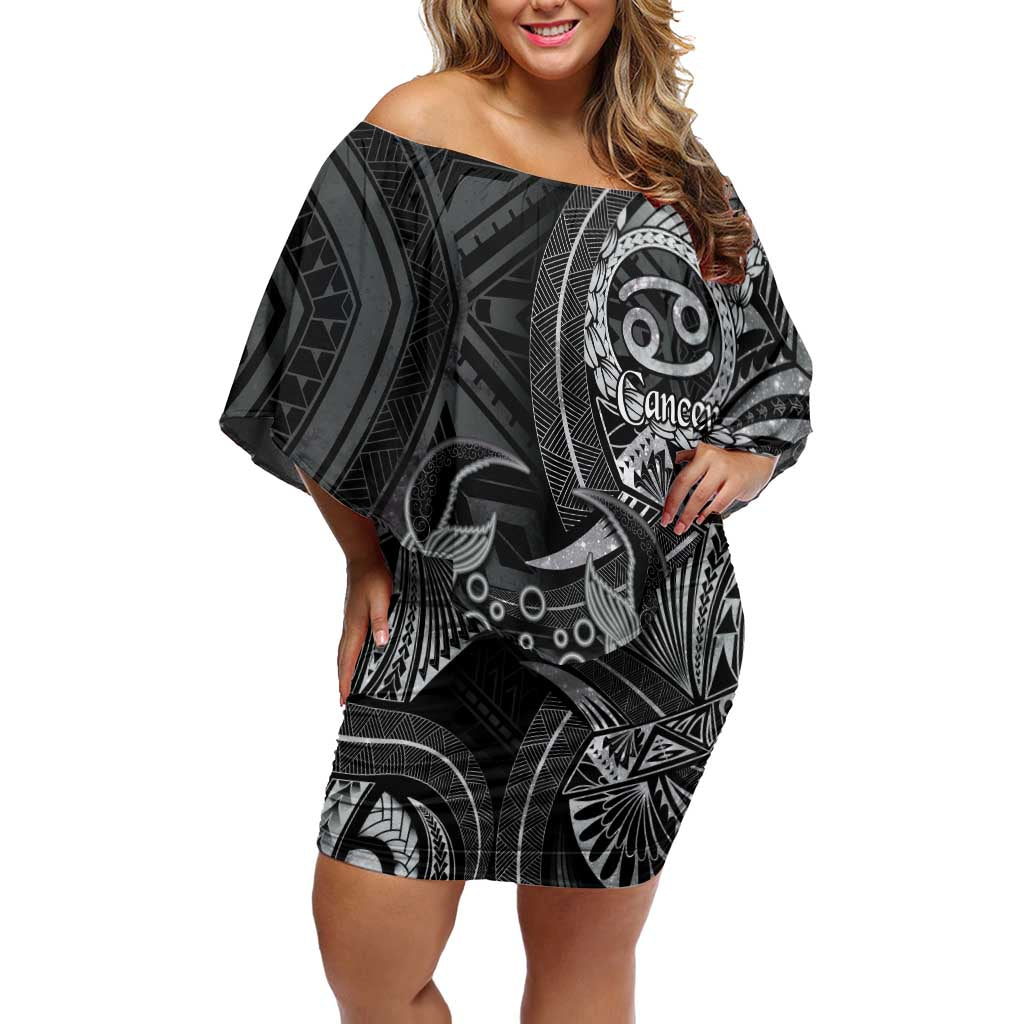 Personalised Polynesia Zodiac Cancer Family Matching Off Shoulder Short Dress and Hawaiian Shirt Galaxy Polynesian Pattern Chest Tattoo Style LT14 Mom's Dress Black - Polynesian Pride