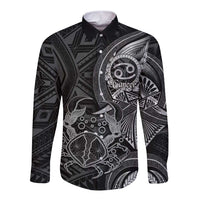 Personalised Polynesia Zodiac Cancer Long Sleeve Button Shirt Galaxy Polynesian Pattern Chest Tattoo Style