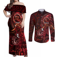 Personalised Polynesia Zodiac Scorpio Couples Matching Off Shoulder Maxi Dress and Long Sleeve Button Shirt Galaxy Polynesian Pattern Chest Tattoo Style