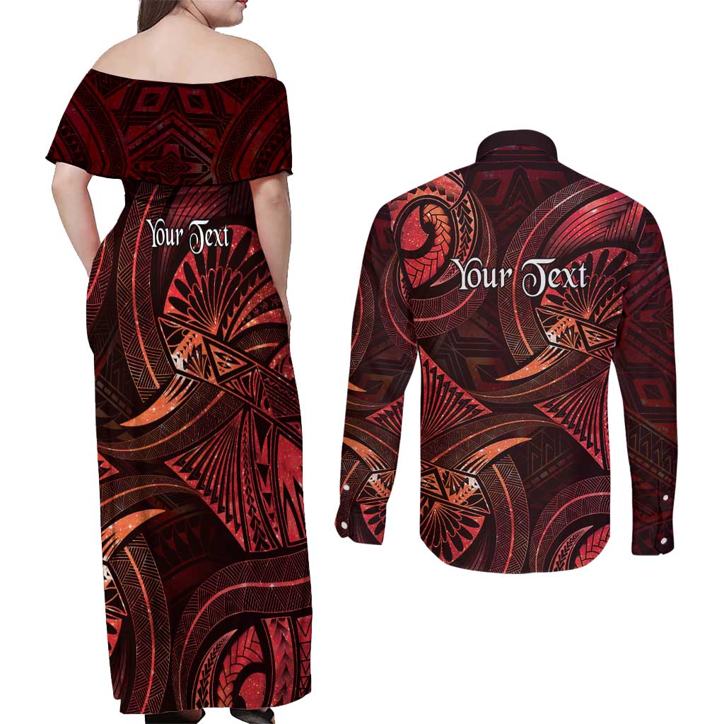 Personalised Polynesia Zodiac Scorpio Couples Matching Off Shoulder Maxi Dress and Long Sleeve Button Shirt Galaxy Polynesian Pattern Chest Tattoo Style