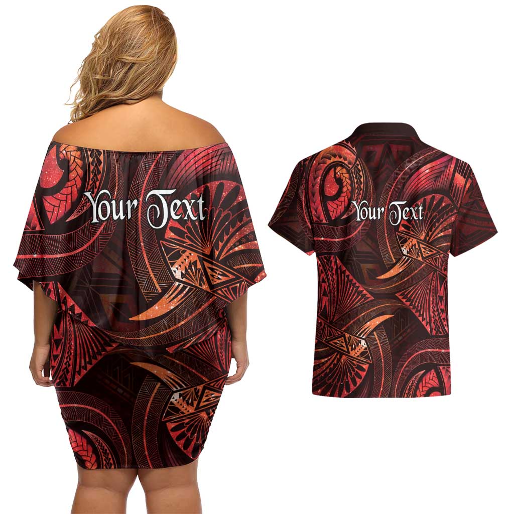 Personalised Polynesia Zodiac Scorpio Couples Matching Off Shoulder Short Dress and Hawaiian Shirt Galaxy Polynesian Pattern Chest Tattoo Style