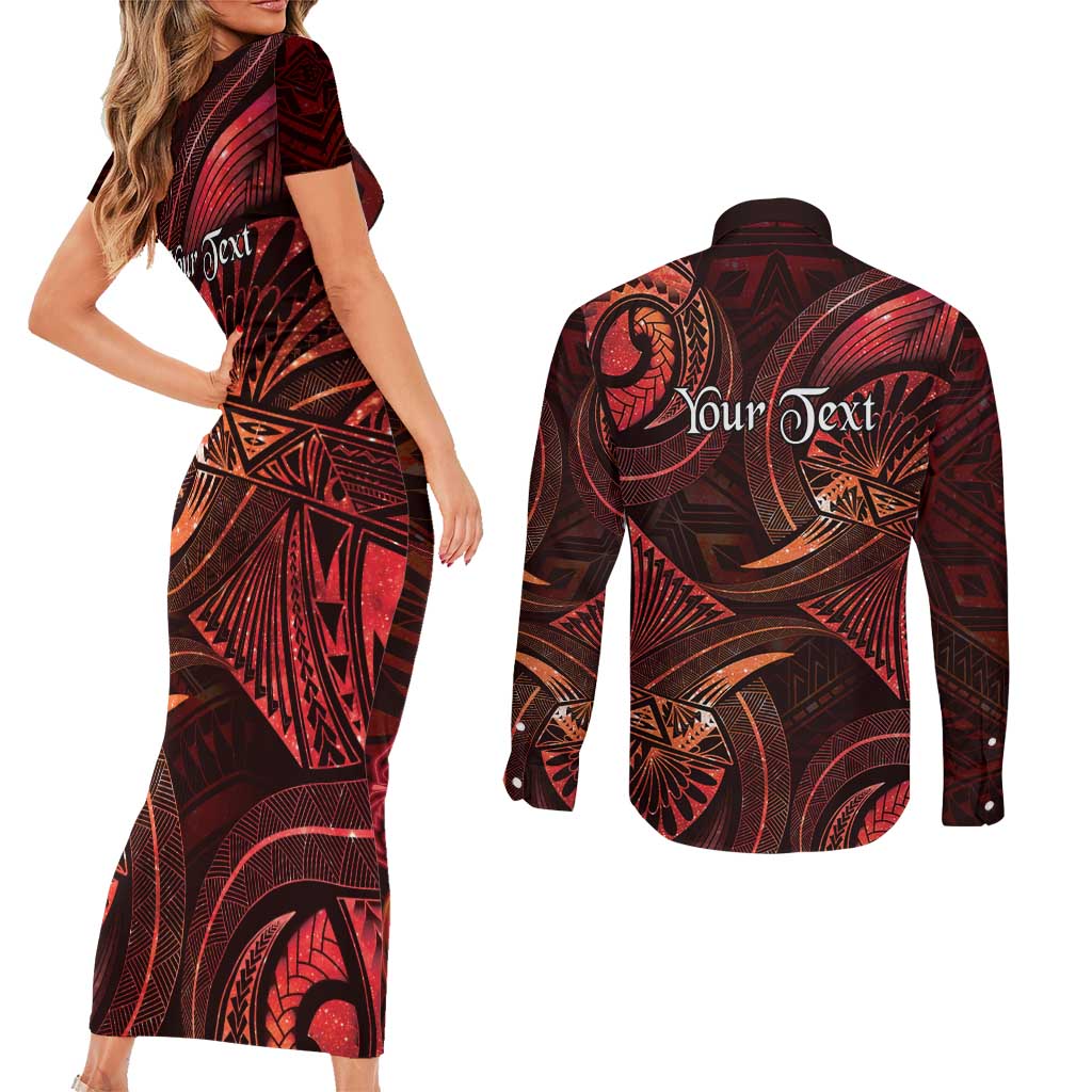 Personalised Polynesia Zodiac Scorpio Couples Matching Short Sleeve Bodycon Dress and Long Sleeve Button Shirt Galaxy Polynesian Pattern Chest Tattoo Style