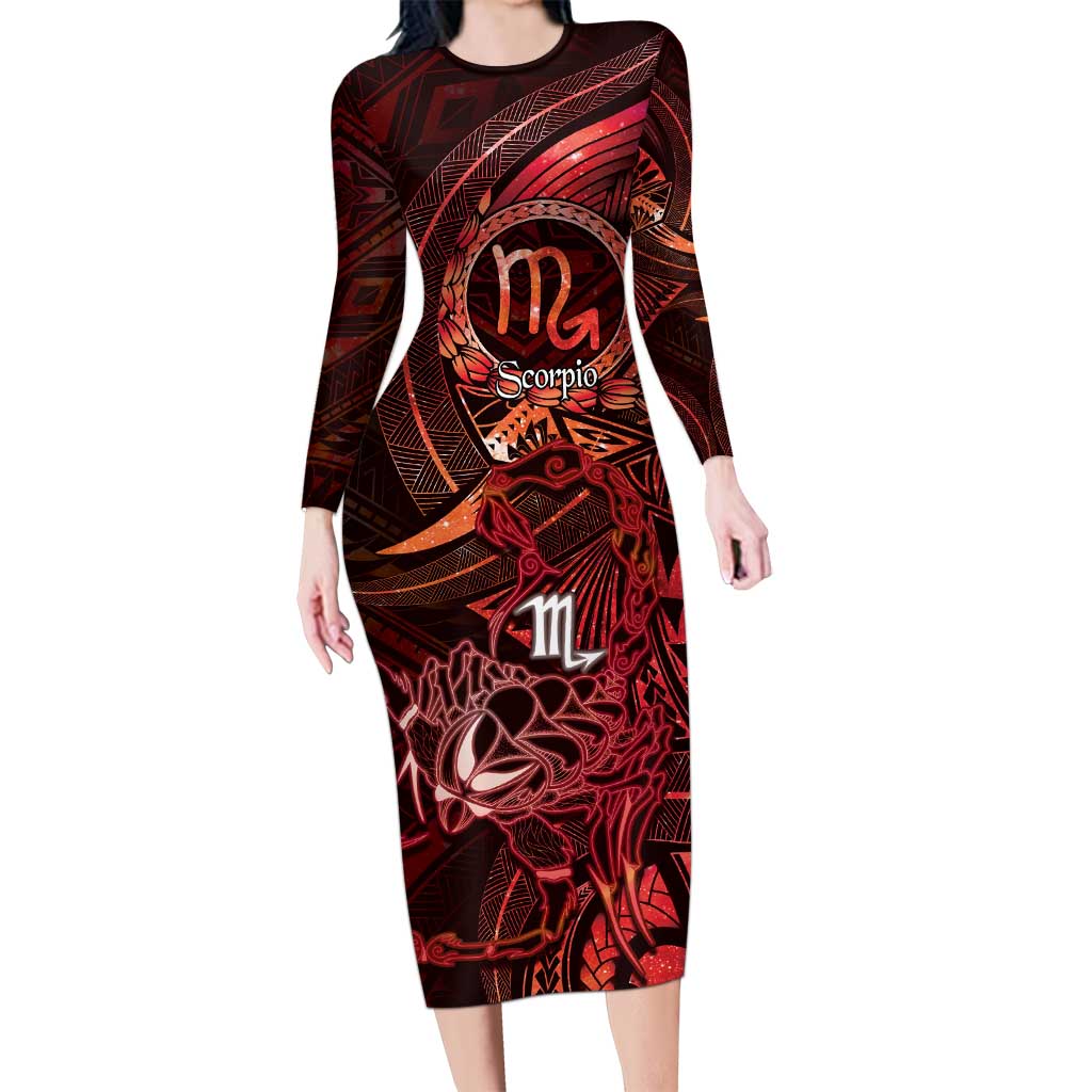 Personalised Polynesia Zodiac Scorpio Family Matching Long Sleeve Bodycon Dress and Hawaiian Shirt Galaxy Polynesian Pattern Chest Tattoo Style LT14 Mom's Dress Red - Polynesian Pride