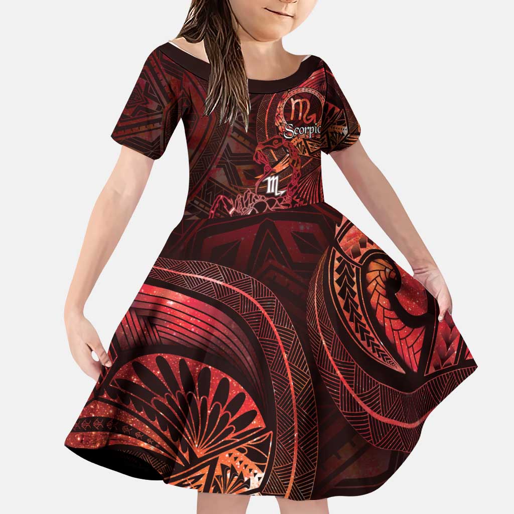 Personalised Polynesia Zodiac Scorpio Family Matching Off The Shoulder Long Sleeve Dress and Hawaiian Shirt Galaxy Polynesian Pattern Chest Tattoo Style LT14 Daughter's Dress Red - Polynesian Pride