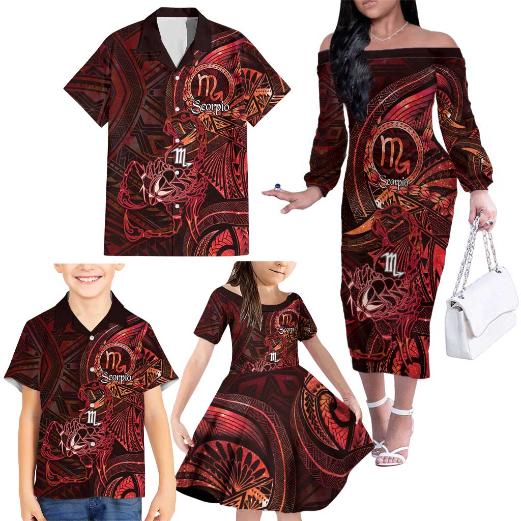 Personalised Polynesia Zodiac Scorpio Family Matching Off The Shoulder Long Sleeve Dress and Hawaiian Shirt Galaxy Polynesian Pattern Chest Tattoo Style LT14 - Polynesian Pride