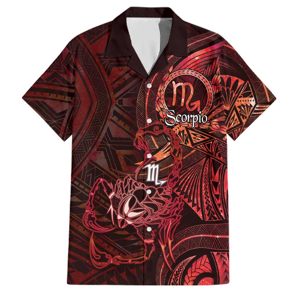 Personalised Polynesia Zodiac Scorpio Family Matching Off Shoulder Maxi Dress and Hawaiian Shirt Galaxy Polynesian Pattern Chest Tattoo Style LT14 Dad's Shirt - Short Sleeve Red - Polynesian Pride