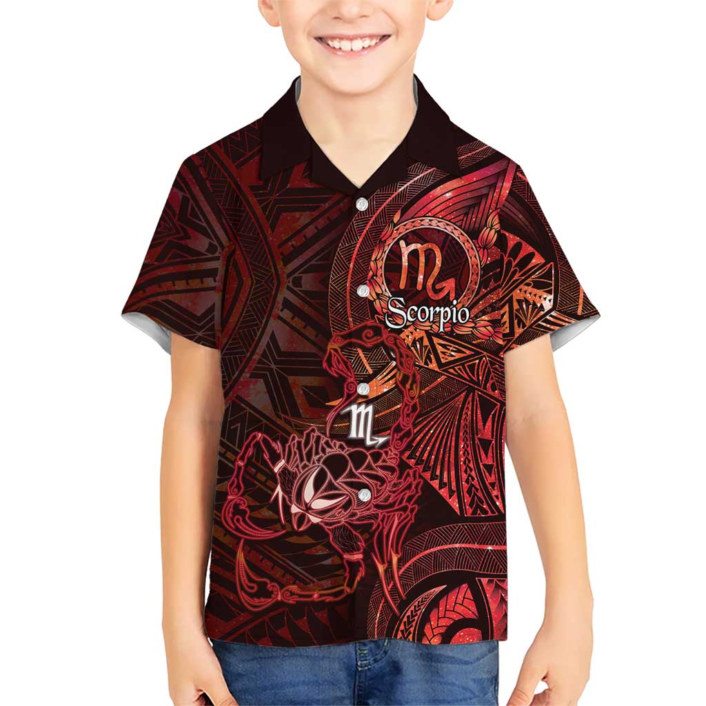 Personalised Polynesia Zodiac Scorpio Family Matching Off Shoulder Short Dress and Hawaiian Shirt Galaxy Polynesian Pattern Chest Tattoo Style LT14 Son's Shirt Red - Polynesian Pride
