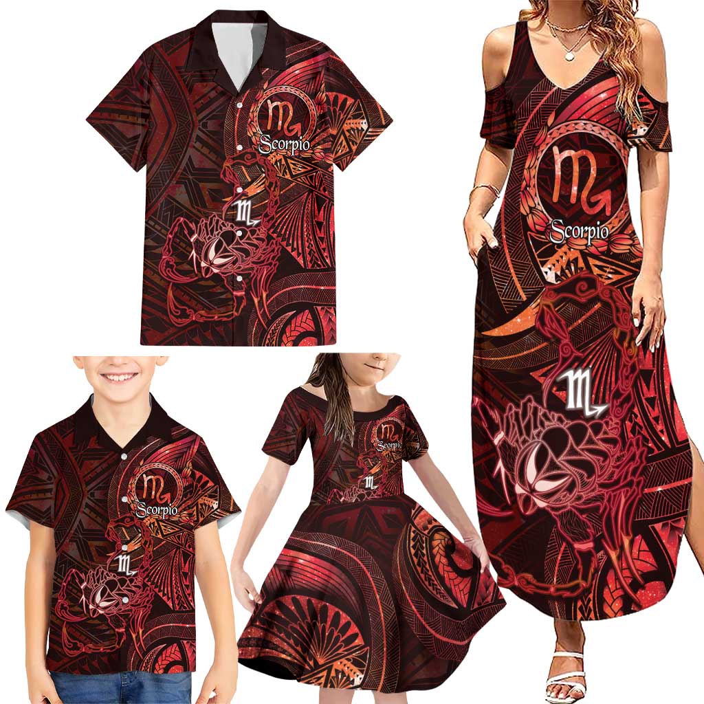 Personalised Polynesia Zodiac Scorpio Family Matching Summer Maxi Dress and Hawaiian Shirt Galaxy Polynesian Pattern Chest Tattoo Style