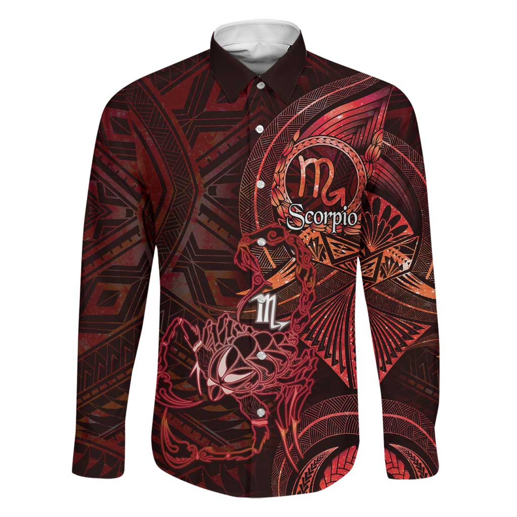 Personalised Polynesia Zodiac Scorpio Family Matching Tank Maxi Dress and Hawaiian Shirt Galaxy Polynesian Pattern Chest Tattoo Style LT14 Dad's Shirt - Long Sleeve Red - Polynesian Pride