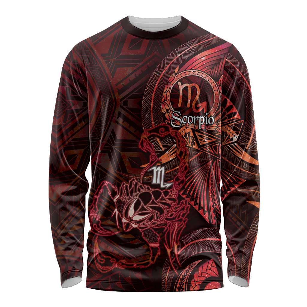 Personalised Polynesia Zodiac Scorpio Long Sleeve Shirt Galaxy Polynesian Pattern Chest Tattoo Style