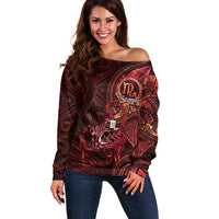 Personalised Polynesia Zodiac Scorpio Off Shoulder Sweater Galaxy Polynesian Pattern Chest Tattoo Style LT14 Women Red - Polynesian Pride