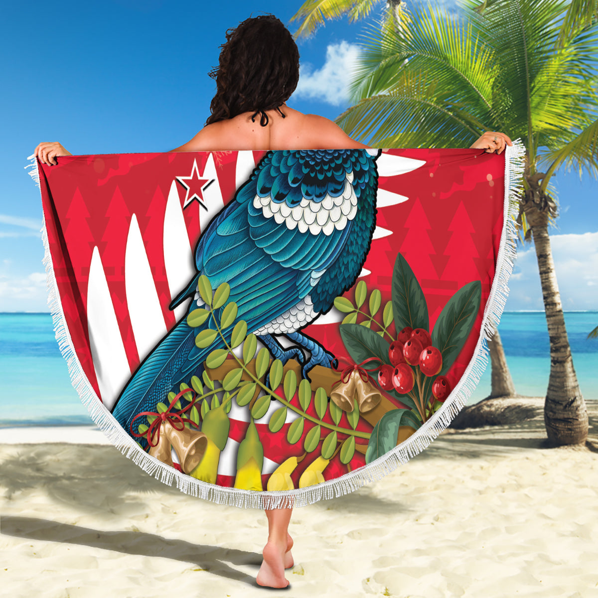 New Zealand Christmas In July Beach Blanket Tui Bird With Kowhai Meri Kirihimete LT14 - Polynesian Pride