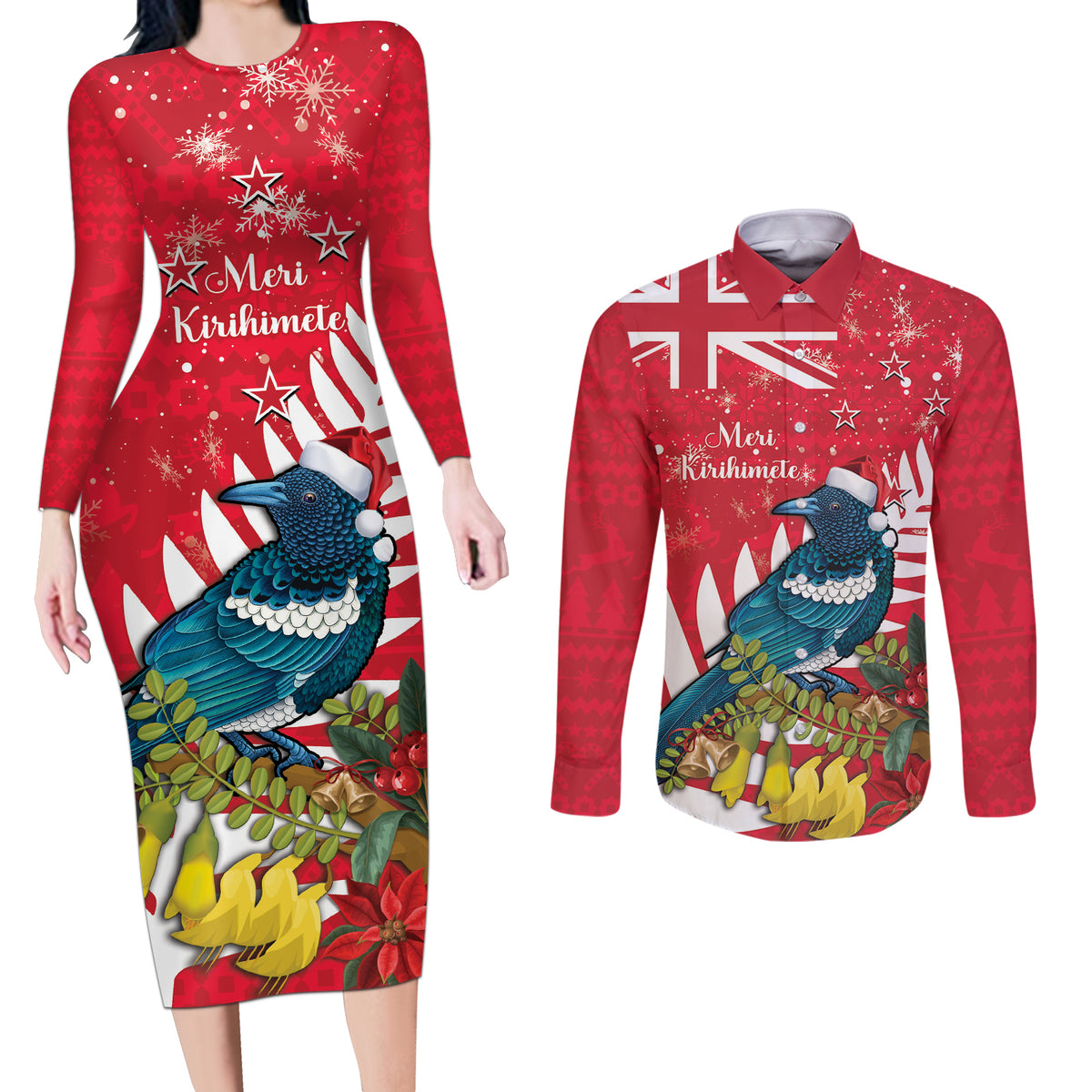 New Zealand Christmas In July Couples Matching Long Sleeve Bodycon Dress and Long Sleeve Button Shirt Tui Bird With Kowhai Meri Kirihimete