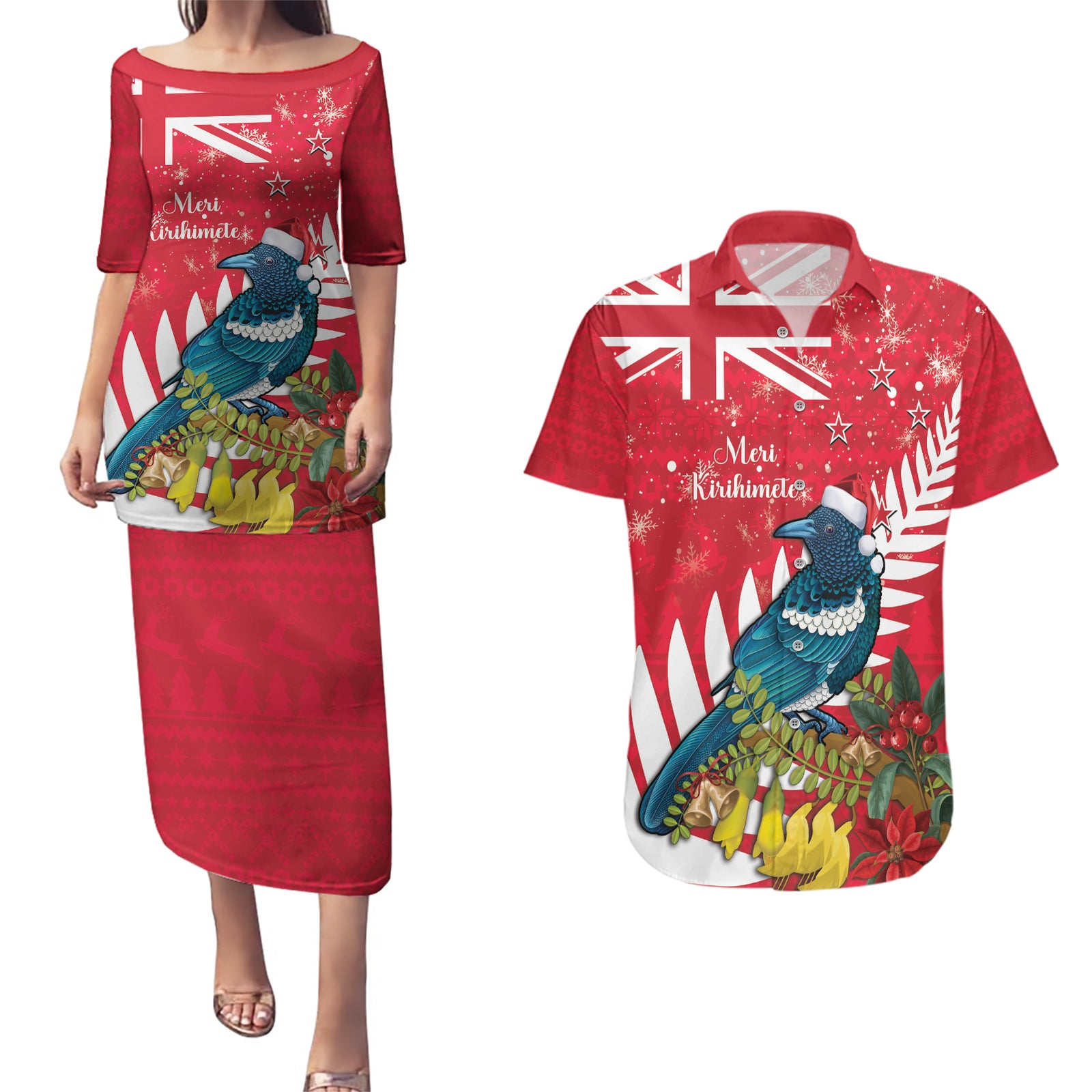 New Zealand Christmas In July Couples Matching Puletasi and Hawaiian Shirt Tui Bird With Kowhai Meri Kirihimete
