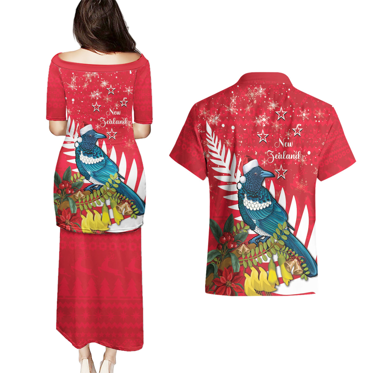 New Zealand Christmas In July Couples Matching Puletasi and Hawaiian Shirt Tui Bird With Kowhai Meri Kirihimete