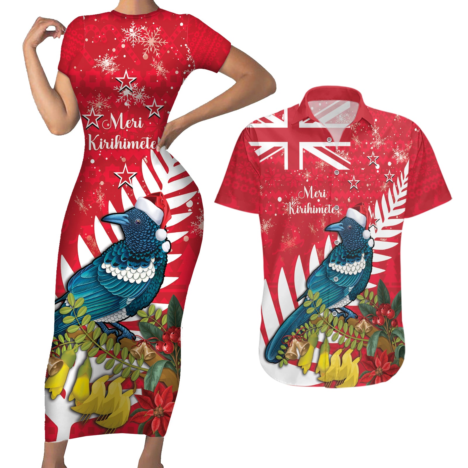 New Zealand Christmas In July Couples Matching Short Sleeve Bodycon Dress and Hawaiian Shirt Tui Bird With Kowhai Meri Kirihimete