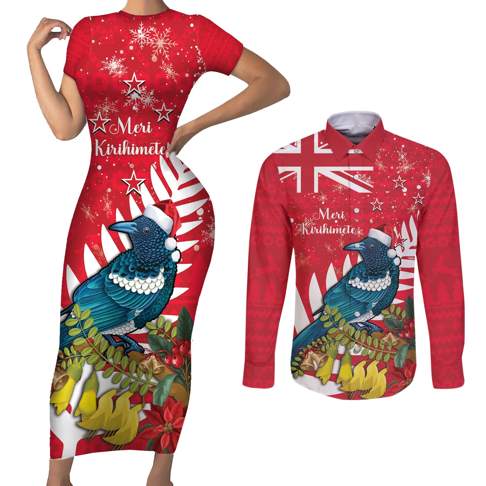 New Zealand Christmas In July Couples Matching Short Sleeve Bodycon Dress and Long Sleeve Button Shirt Tui Bird With Kowhai Meri Kirihimete