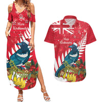 New Zealand Christmas In July Couples Matching Summer Maxi Dress and Hawaiian Shirt Tui Bird With Kowhai Meri Kirihimete