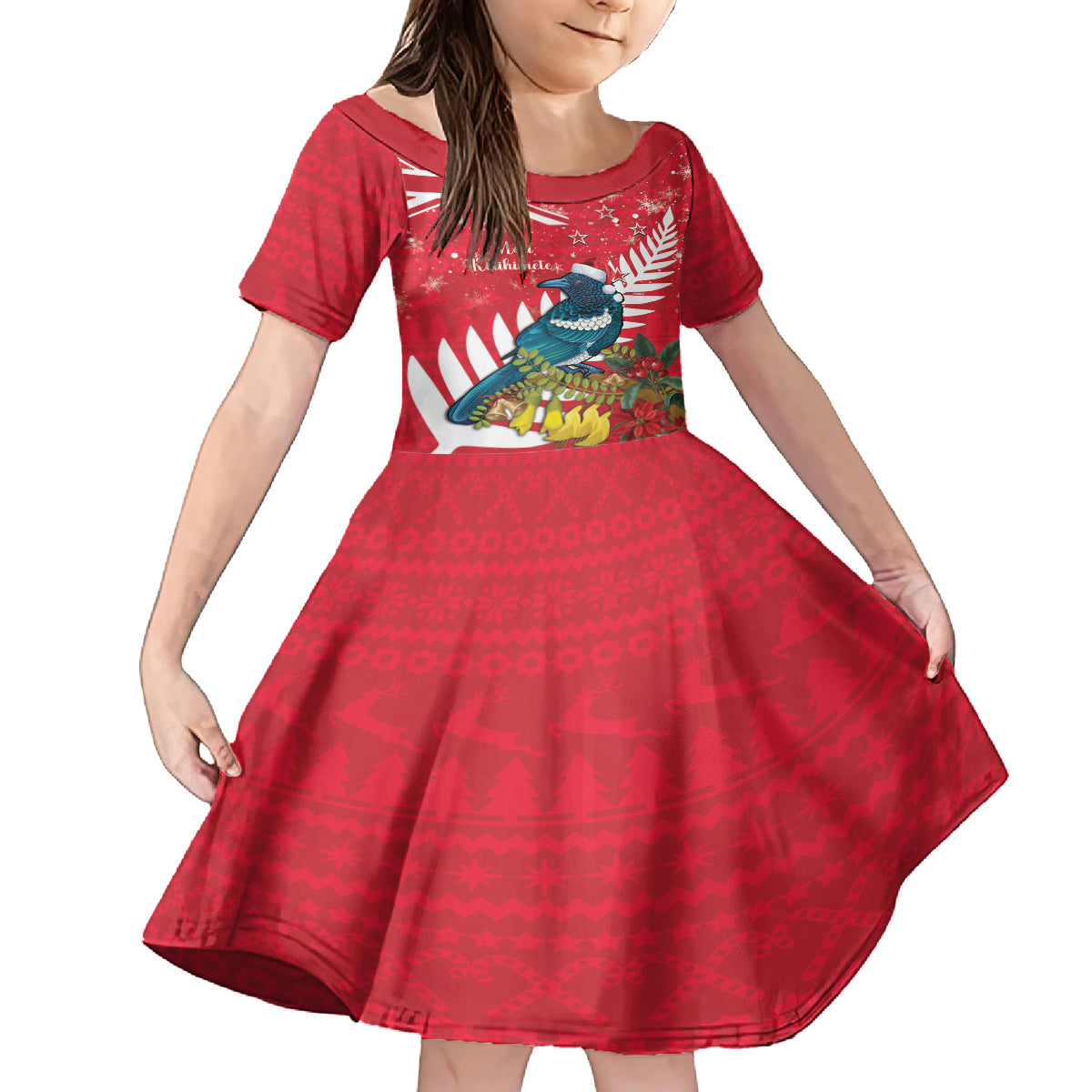 New Zealand Christmas In July Family Matching Off Shoulder Short Dress and Hawaiian Shirt Tui Bird With Kowhai Meri Kirihimete LT14 Daughter's Dress Red - Polynesian Pride