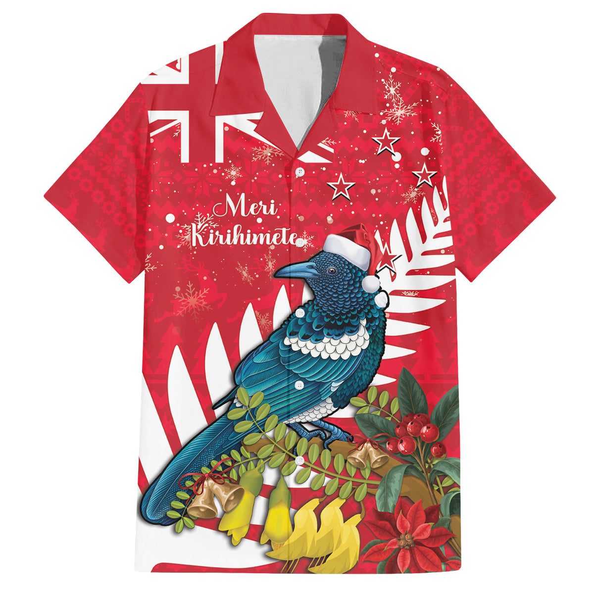New Zealand Christmas In July Family Matching Off Shoulder Short Dress and Hawaiian Shirt Tui Bird With Kowhai Meri Kirihimete LT14 Dad's Shirt - Short Sleeve Red - Polynesian Pride
