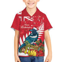 New Zealand Christmas In July Family Matching Off Shoulder Short Dress and Hawaiian Shirt Tui Bird With Kowhai Meri Kirihimete LT14 Son's Shirt Red - Polynesian Pride