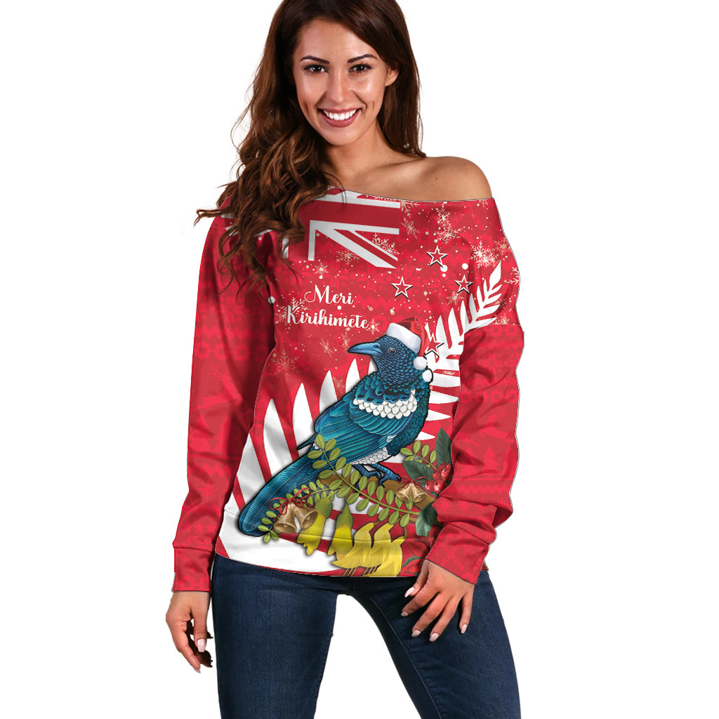 New Zealand Christmas In July Off Shoulder Sweater Tui Bird With Kowhai Meri Kirihimete