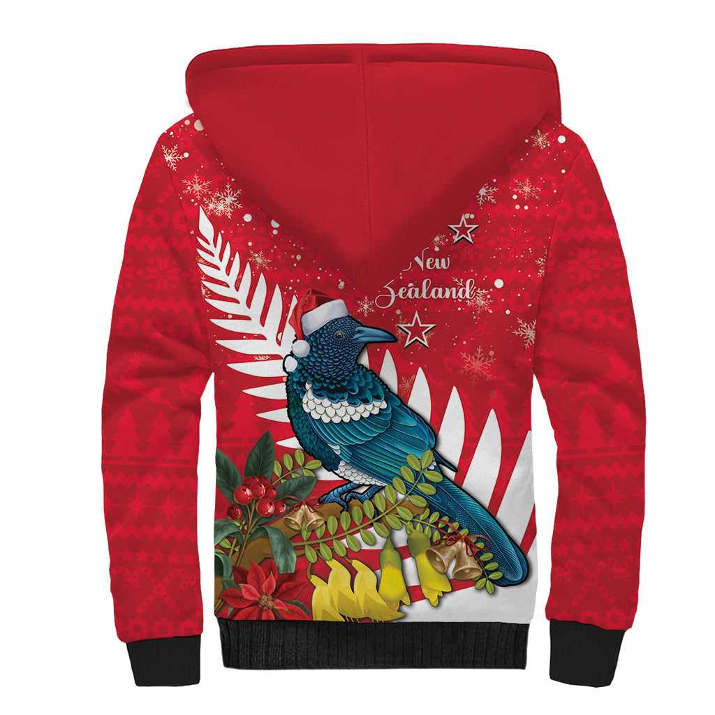 New Zealand Christmas In July Sherpa Hoodie Tui Bird With Kowhai Meri Kirihimete
