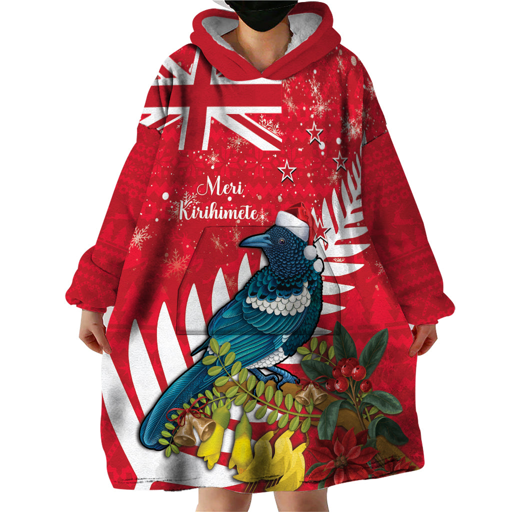 New Zealand Christmas In July Wearable Blanket Hoodie Tui Bird With Kowhai Meri Kirihimete