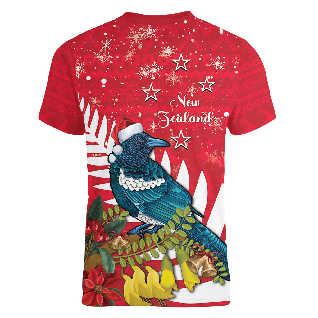 New Zealand Christmas In July Women V-Neck T-Shirt Tui Bird With Kowhai Meri Kirihimete