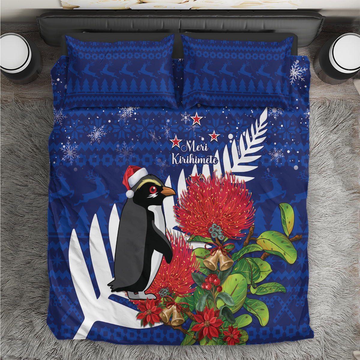 New Zealand Christmas In July Bedding Set Fiordland Penguin With Pohutukawa Flower