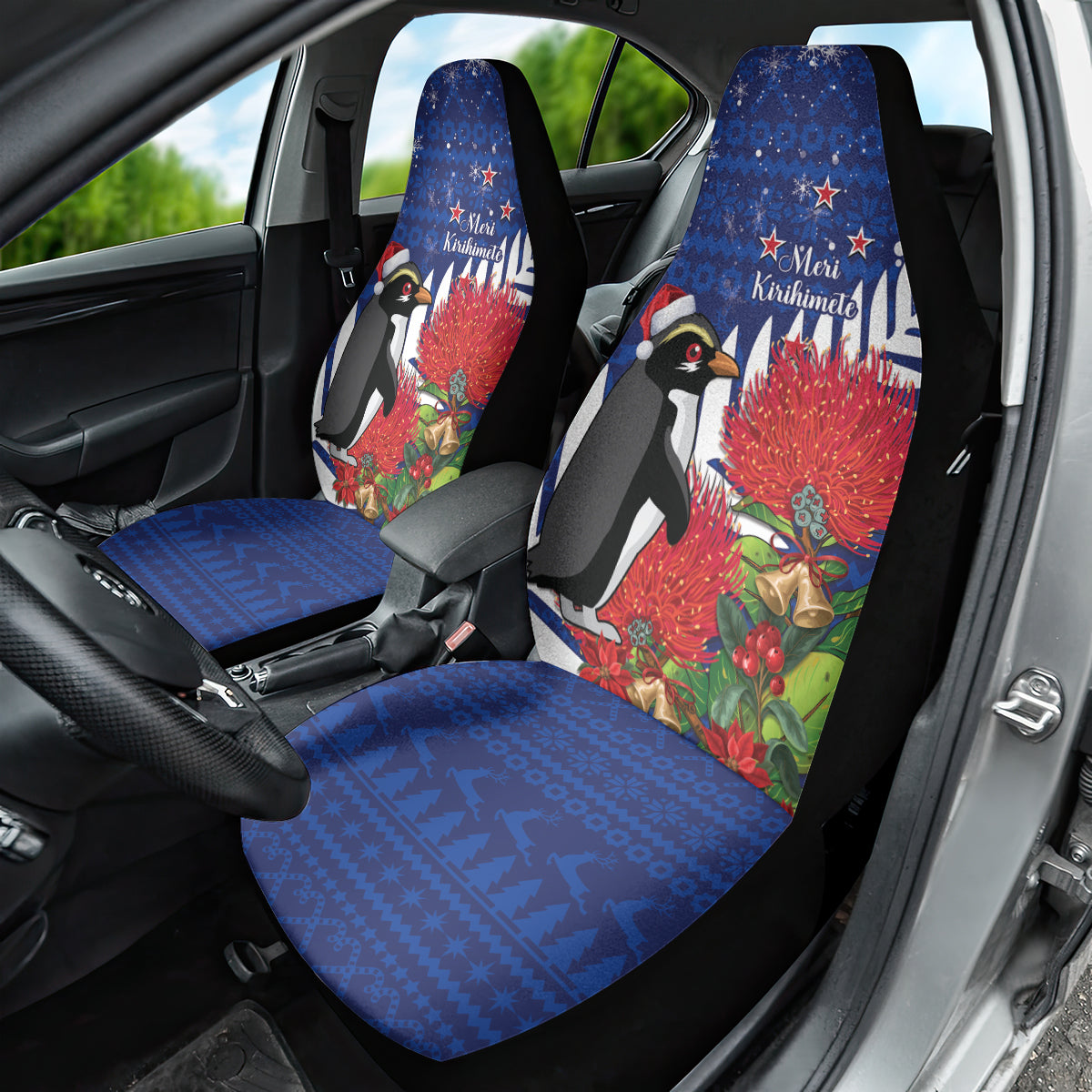 New Zealand Christmas In July Car Seat Cover Fiordland Penguin With Pohutukawa Flower