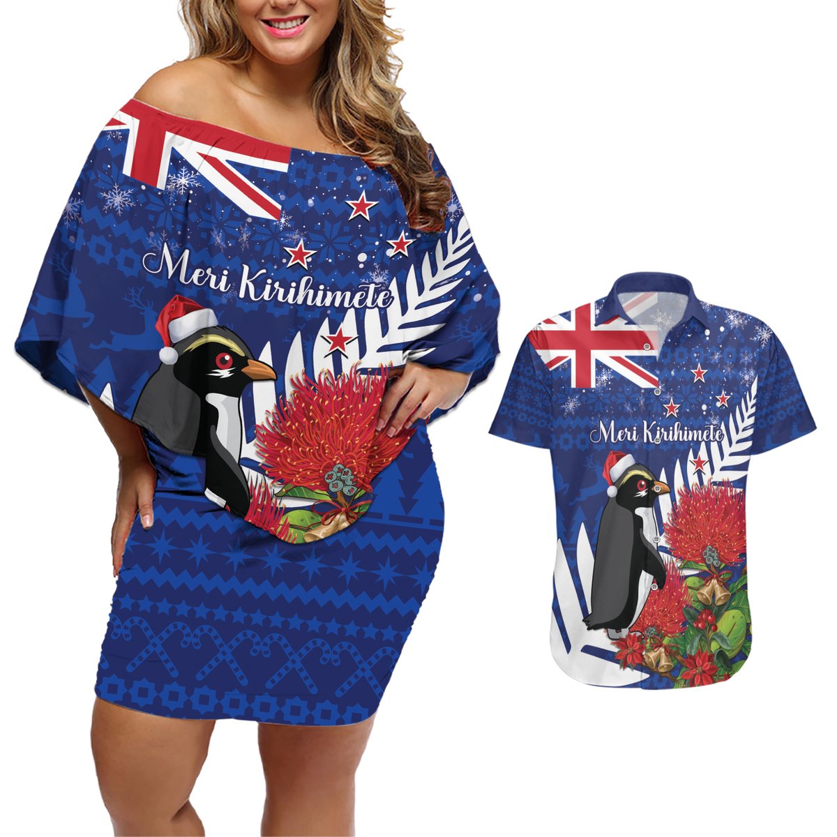 New Zealand Christmas In July Couples Matching Off Shoulder Short Dress and Hawaiian Shirt Fiordland Penguin With Pohutukawa Flower LT14 Blue - Polynesian Pride