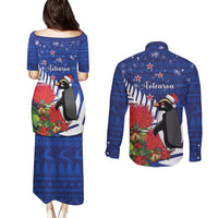 New Zealand Christmas In July Couples Matching Puletasi and Long Sleeve Button Shirt Fiordland Penguin With Pohutukawa Flower