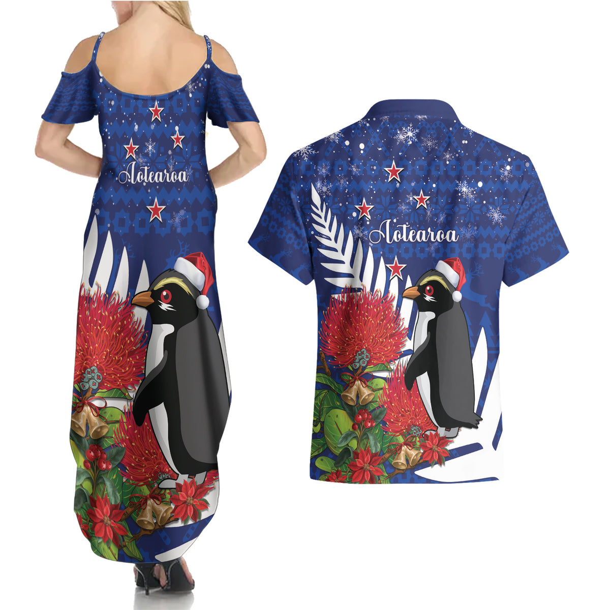 New Zealand Christmas In July Couples Matching Summer Maxi Dress and Hawaiian Shirt Fiordland Penguin With Pohutukawa Flower