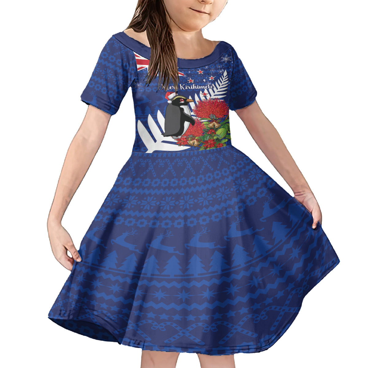 New Zealand Christmas In July Family Matching Off Shoulder Maxi Dress and Hawaiian Shirt Fiordland Penguin With Pohutukawa Flower LT14 Daughter's Dress Blue - Polynesian Pride
