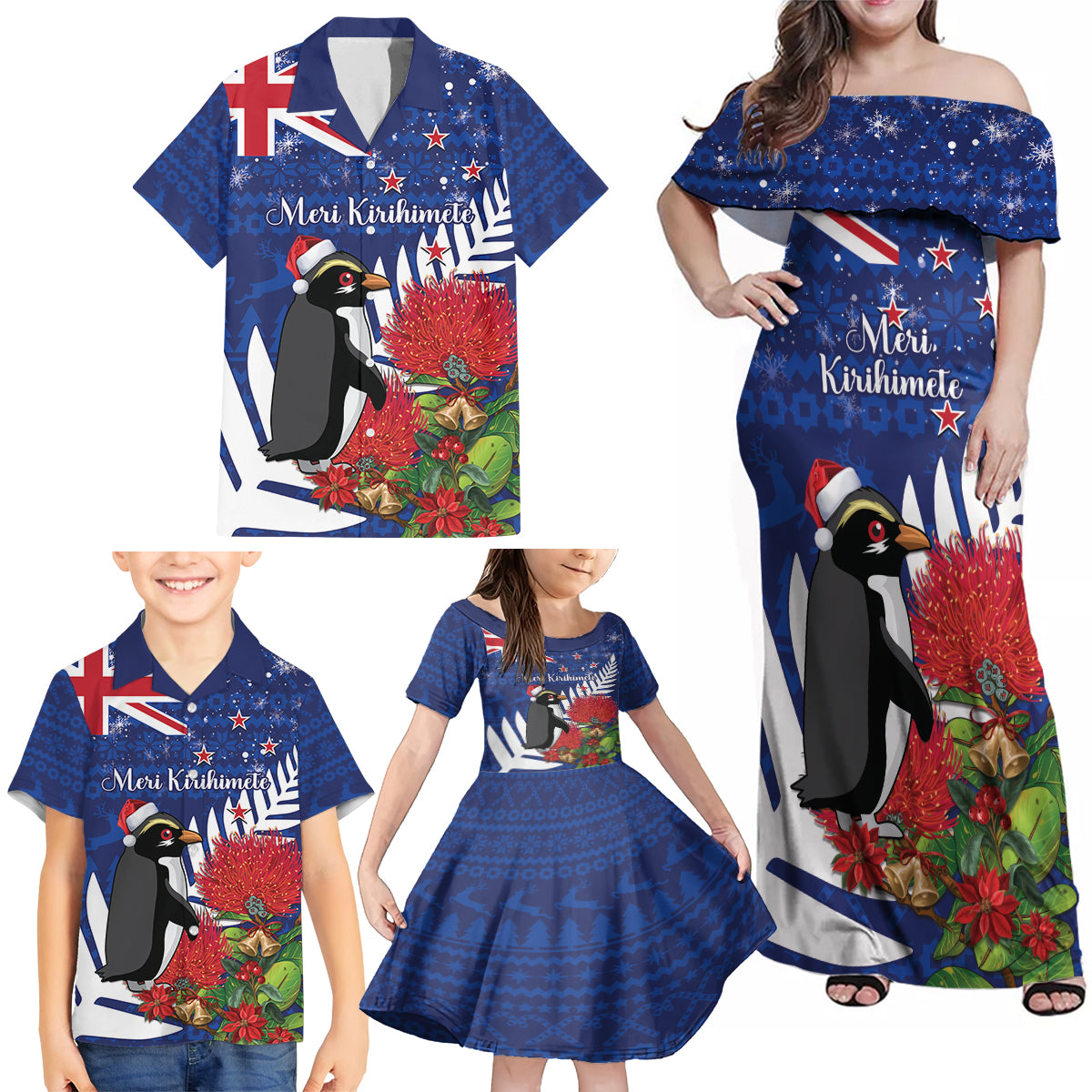 New Zealand Christmas In July Family Matching Off Shoulder Maxi Dress and Hawaiian Shirt Fiordland Penguin With Pohutukawa Flower LT14 - Polynesian Pride