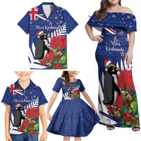 New Zealand Christmas In July Family Matching Off Shoulder Maxi Dress and Hawaiian Shirt Fiordland Penguin With Pohutukawa Flower LT14 - Polynesian Pride