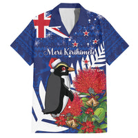 New Zealand Christmas In July Family Matching Off Shoulder Maxi Dress and Hawaiian Shirt Fiordland Penguin With Pohutukawa Flower LT14 Dad's Shirt - Short Sleeve Blue - Polynesian Pride
