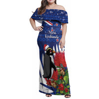 New Zealand Christmas In July Family Matching Off Shoulder Maxi Dress and Hawaiian Shirt Fiordland Penguin With Pohutukawa Flower LT14 Mom's Dress Blue - Polynesian Pride