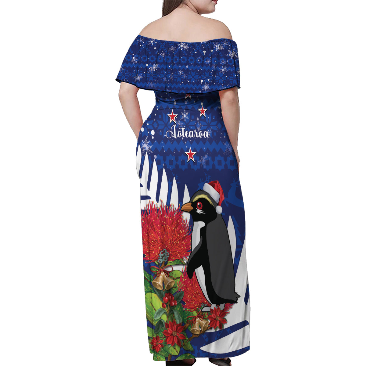 New Zealand Christmas In July Family Matching Off Shoulder Maxi Dress and Hawaiian Shirt Fiordland Penguin With Pohutukawa Flower LT14 - Polynesian Pride