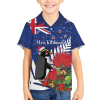 New Zealand Christmas In July Family Matching Off Shoulder Maxi Dress and Hawaiian Shirt Fiordland Penguin With Pohutukawa Flower LT14 Son's Shirt Blue - Polynesian Pride